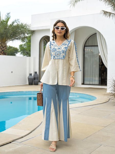 Ergonomic White blue Rayon Slub Short Kurti Palazzo Set with Embroidery Work CO ORD Sets