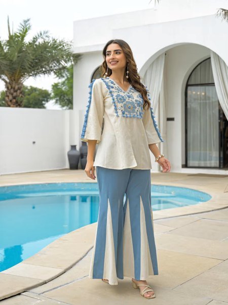 Ergonomic White blue Rayon Slub Short Kurti Palazzo Set with Embroidery Work CO ORD Sets