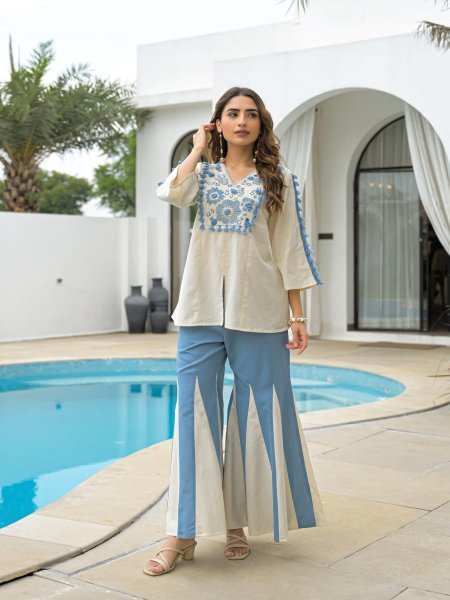 Ergonomic White blue Rayon Slub Short Kurti Palazzo Set with Embroidery Work CO ORD Sets