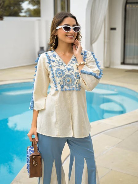 Ergonomic White blue Rayon Slub Short Kurti Palazzo Set with Embroidery Work CO ORD Sets