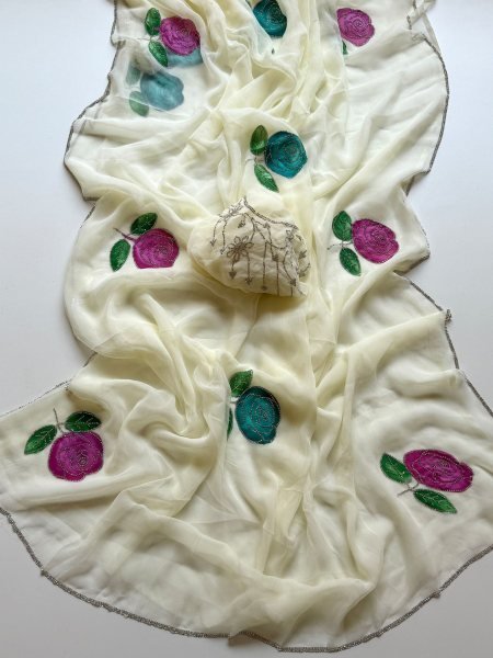 Ergonomic White Floral Saree with All Over Jarkan Stone Work and Matching Chiffon Blouse 