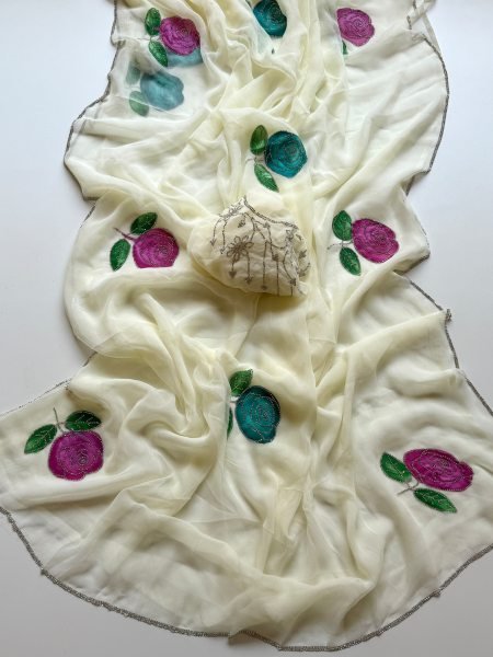 Ergonomic White Floral Saree with All Over Jarkan Stone Work and Matching Chiffon Blouse Pure Chiffon Sarees Wholesale
