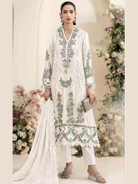 Ergonomic White Heavy Chiffon Top with Khatli Work Crepe Silk Bottom and Dupatta 
