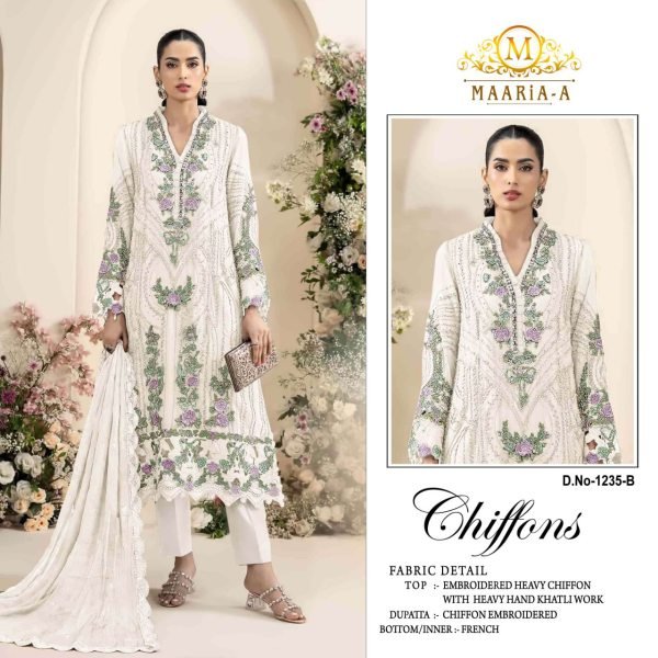 Ergonomic White Heavy Chiffon Top with Khatli Work Crepe Silk Bottom and Dupatta Pakistani Suits Wholesale