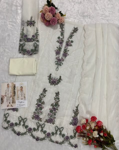 Ergonomic White Heavy Chiffon Top with Khatli Work Crepe Silk Bottom and Dupatta Pakistani Suits Wholesale