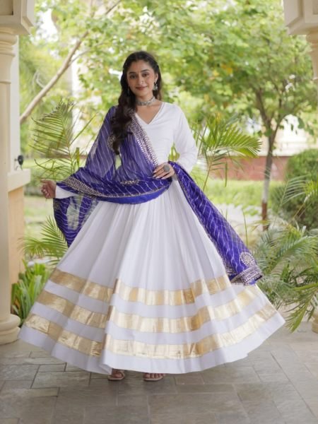 Ergonomic White Rayon Full Sleeve Gown with Gota Patti Lace and Zari Embroidered Dupatta