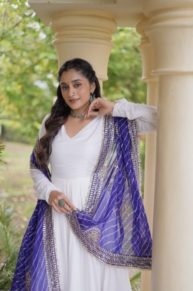 Ergonomic White Rayon Full Sleeve Gown with Gota Patti Lace and Zari Embroidered Dupatta Ready To Wear Collection