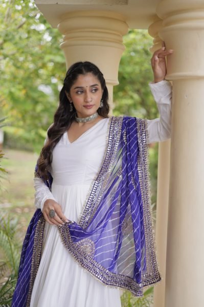 Ergonomic White Rayon Full Sleeve Gown with Gota Patti Lace and Zari Embroidered Dupatta Ready To Wear Collection