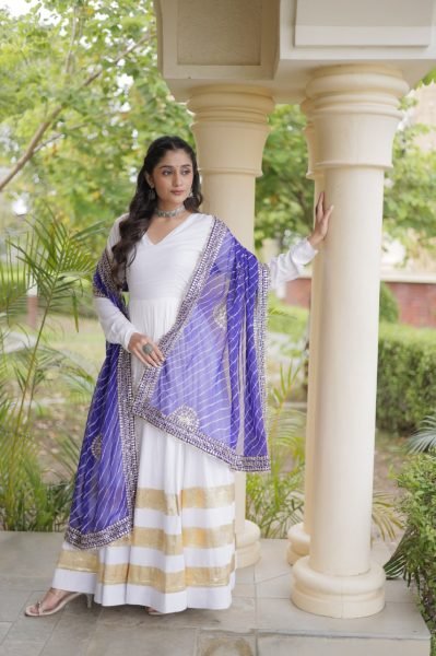 Ergonomic White Rayon Full Sleeve Gown with Gota Patti Lace and Zari Embroidered Dupatta Ready To Wear Collection