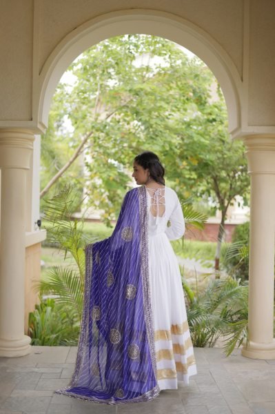 Ergonomic White Rayon Full Sleeve Gown with Gota Patti Lace and Zari Embroidered Dupatta Ready To Wear Collection
