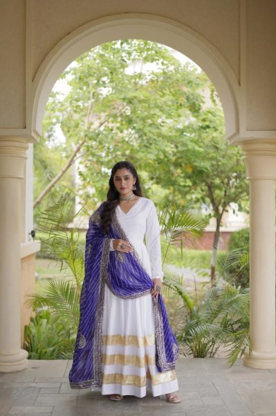 Ergonomic White Rayon Full Sleeve Gown with Gota Patti Lace and Zari Embroidered Dupatta Ready To Wear Collection