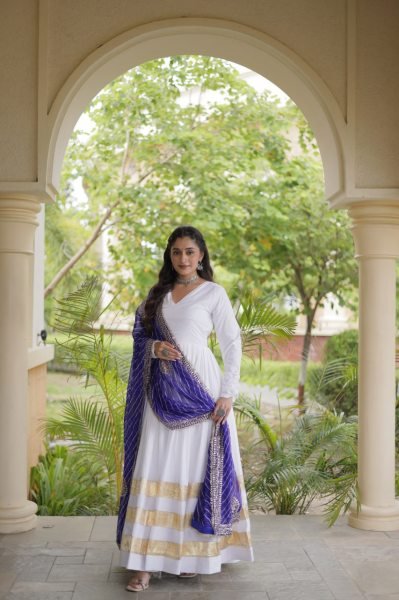 Ergonomic White Rayon Full Sleeve Gown with Gota Patti Lace and Zari Embroidered Dupatta Ready To Wear Collection