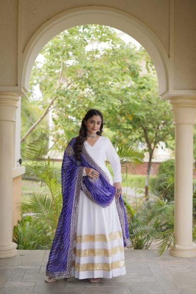 Ergonomic White Rayon Full Sleeve Gown with Gota Patti Lace and Zari Embroidered Dupatta Ready To Wear Collection