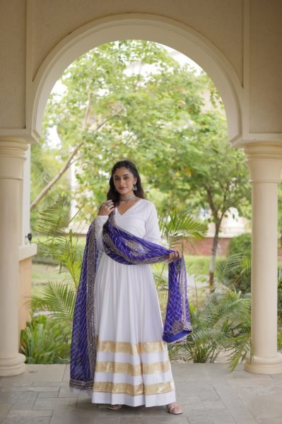 Ergonomic White Rayon Full Sleeve Gown with Gota Patti Lace and Zari Embroidered Dupatta Ready To Wear Collection