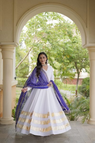 Ergonomic White Rayon Full Sleeve Gown with Gota Patti Lace and Zari Embroidered Dupatta Ready To Wear Collection
