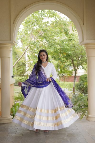 Ergonomic White Rayon Full Sleeve Gown with Gota Patti Lace and Zari Embroidered Dupatta Ready To Wear Collection