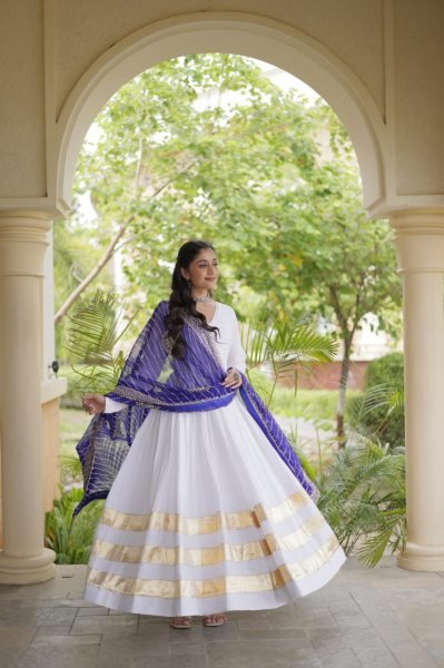 Ergonomic White Rayon Full Sleeve Gown with Gota Patti Lace and Zari Embroidered Dupatta Ready To Wear Collection