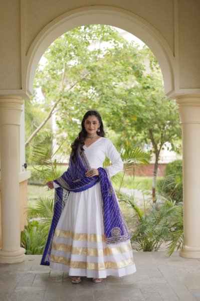 Ergonomic White Rayon Full Sleeve Gown with Gota Patti Lace and Zari Embroidered Dupatta Ready To Wear Collection