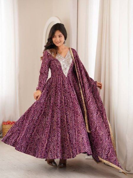 Ergonomic Wine Elegant Rayon Gown Set with Mirror Embroidery Work and Dupatta Ready To Wear Suit