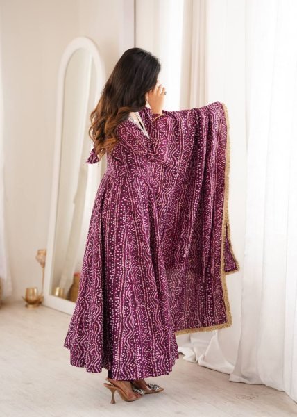 Ergonomic Wine Elegant Rayon Gown Set with Mirror Embroidery Work and Dupatta Ready To Wear Collection