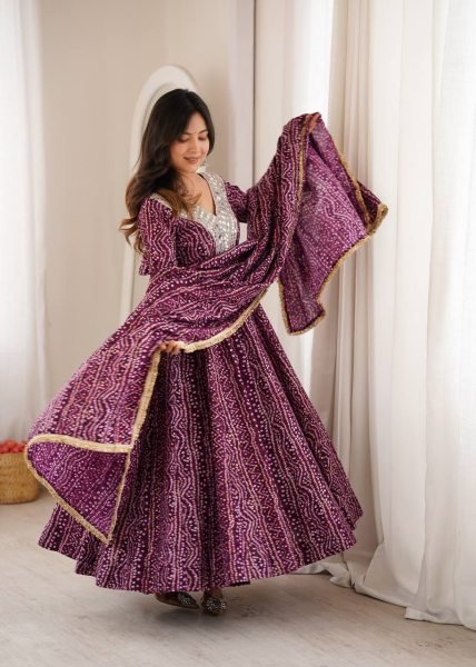 Ergonomic Wine Elegant Rayon Gown Set with Mirror Embroidery Work and Dupatta Ready To Wear Collection
