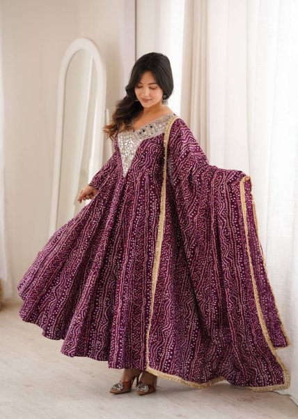 Ergonomic Wine Elegant Rayon Gown Set with Mirror Embroidery Work and Dupatta Ready To Wear Collection