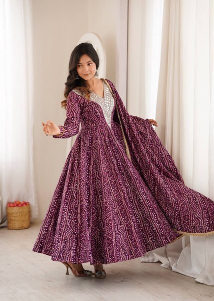 Ergonomic Wine Elegant Rayon Gown Set with Mirror Embroidery Work and Dupatta Ready To Wear Collection