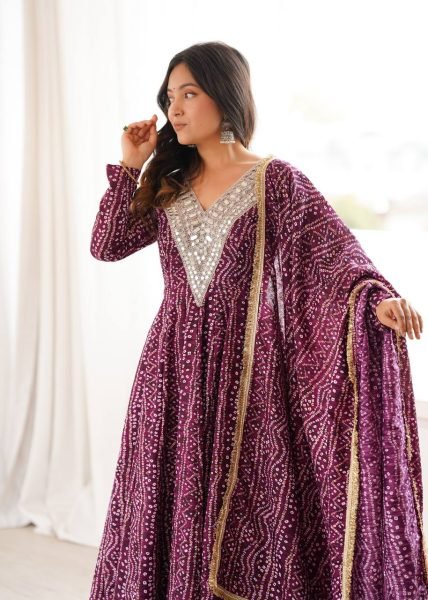 Ergonomic Wine Elegant Rayon Gown Set with Mirror Embroidery Work and Dupatta Ready To Wear Collection