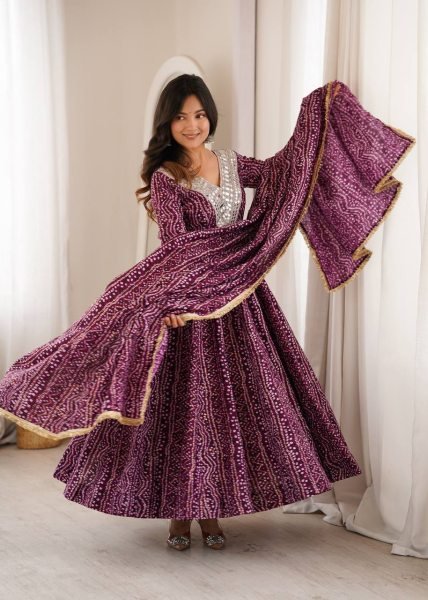 Ergonomic Wine Elegant Rayon Gown Set with Mirror Embroidery Work and Dupatta Ready To Wear Collection