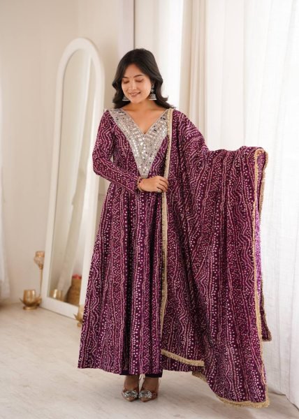 Ergonomic Wine Elegant Rayon Gown Set with Mirror Embroidery Work and Dupatta Ready To Wear Collection