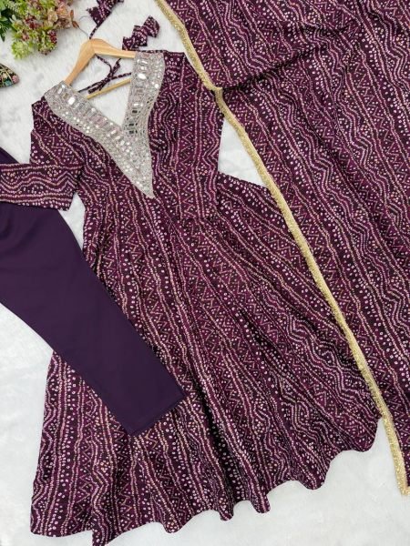 Ergonomic Wine Elegant Rayon Gown Set with Mirror Embroidery Work and Dupatta Ready To Wear Collection