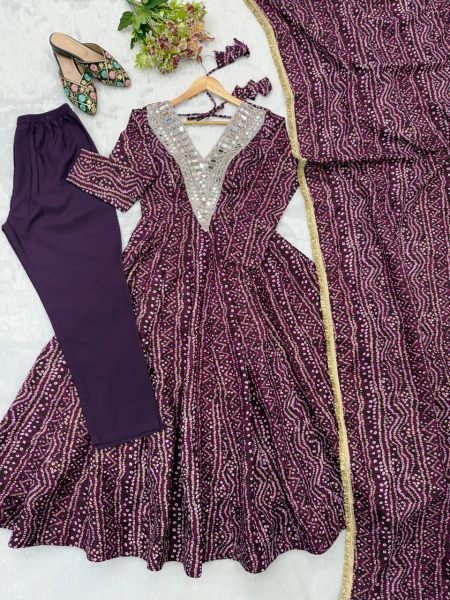 Ergonomic Wine Elegant Rayon Gown Set with Mirror Embroidery Work and Dupatta Ready To Wear Collection