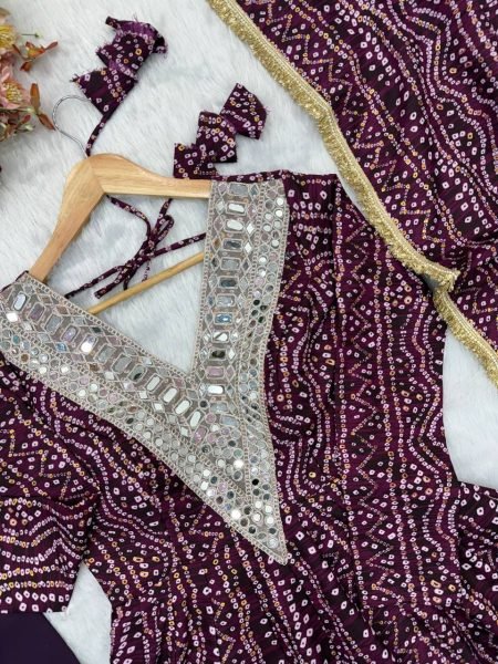 Ergonomic Wine Elegant Rayon Gown Set with Mirror Embroidery Work and Dupatta Ready To Wear Collection