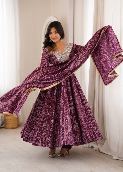 Ergonomic Wine Elegant Rayon Gown Set with Mirror Embroidery Work and Dupatta Ready To Wear Collection