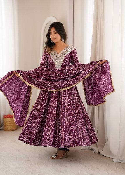 Ergonomic Wine Elegant Rayon Gown Set with Mirror Embroidery Work and Dupatta Ready To Wear Collection