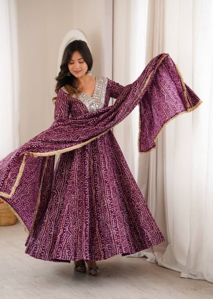 Ergonomic Wine Elegant Rayon Gown Set with Mirror Embroidery Work and Dupatta Ready To Wear Collection