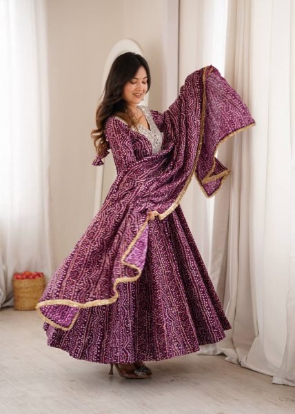 Ergonomic Wine Elegant Rayon Gown Set with Mirror Embroidery Work and Dupatta Ready To Wear Collection
