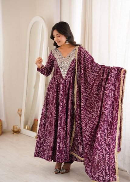 Ergonomic Wine Elegant Rayon Gown Set with Mirror Embroidery Work and Dupatta Ready To Wear Collection
