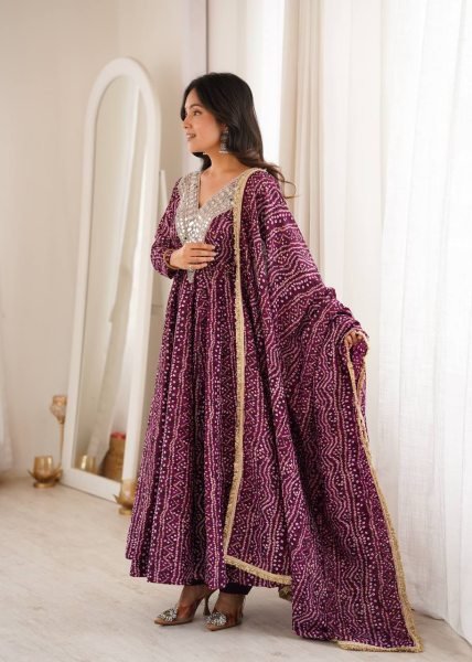 Ergonomic Wine Elegant Rayon Gown Set with Mirror Embroidery Work and Dupatta Ready To Wear Collection