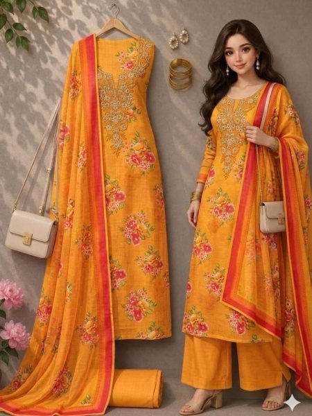 Ergonomic Yellow Lilan Cotton Dress Material with Coding Work and Matching Dupatta 