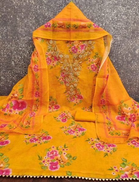 Ergonomic Yellow Lilan Cotton Dress Material with Coding Work and Matching Dupatta Punjabi Dress Materials Wholesale