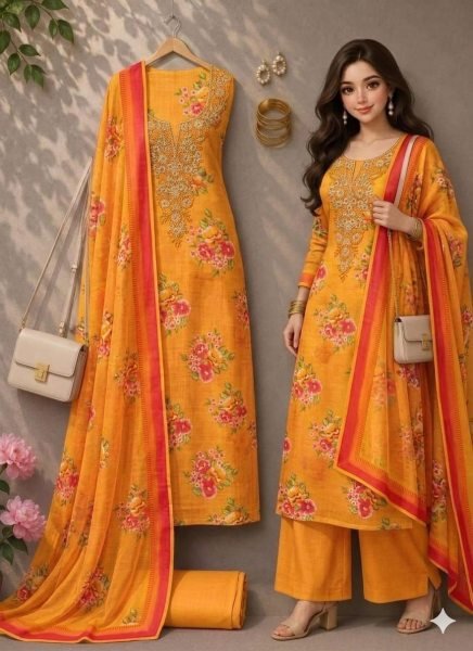 Ergonomic Yellow Lilan Cotton Dress Material with Coding Work and Matching Dupatta Punjabi Dress Materials Wholesale