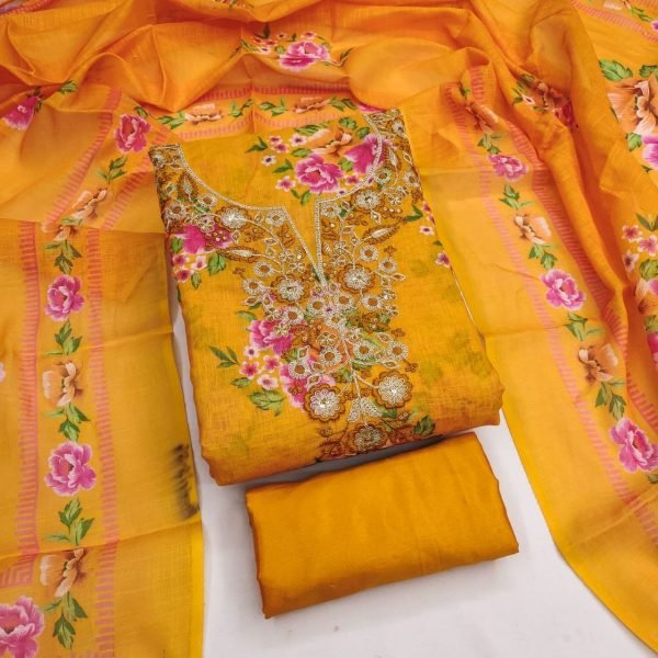 Ergonomic Yellow Lilan Cotton Dress Material with Coding Work and Matching Dupatta Punjabi Dress Materials Wholesale