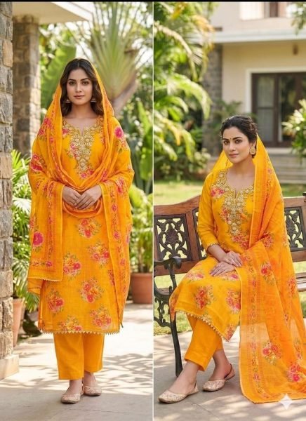 Ergonomic Yellow Lilan Cotton Dress Material with Coding Work and Matching Dupatta Punjabi Dress Materials Wholesale