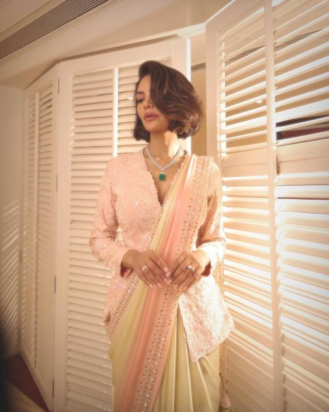 Esha Gupta Inspired Pastel Ombre Saree with Indo Western Jacket Designer 2025 Party Collection Ready To Wear Saree 