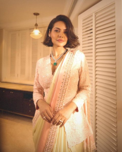 Esha Gupta Inspired Pastel Ombre Saree with Indo Western Jacket Designer 2025 Party Collection Ready To Wear Saree 