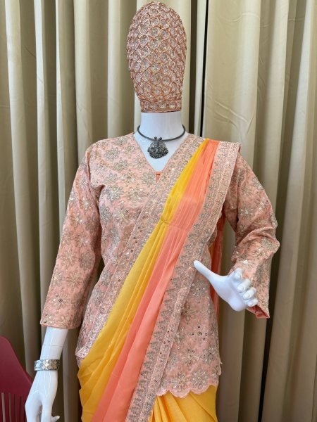 Esha Gupta Inspired Pastel Ombre Saree with Indo Western Jacket Designer 2025 Party Collection Ready To Wear Saree 