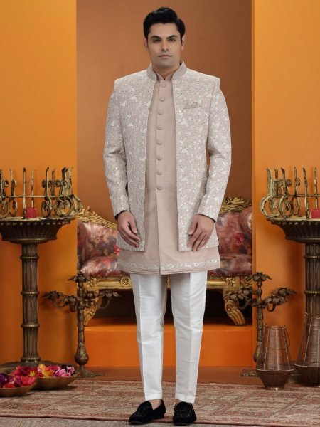 Ethereal Beige Peach Designer Art Silk Suit Set with Heavy Neck and Button Handwork 