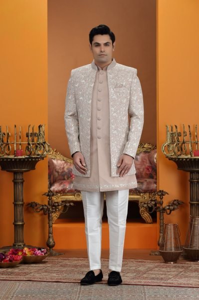 Ethereal Beige Peach Designer Art Silk Suit Set with Heavy Neck and Button Handwork Kurta Pajama Wholesale