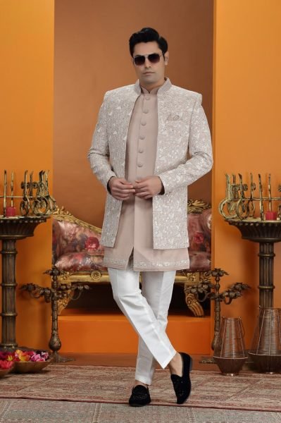 Ethereal Beige Peach Designer Art Silk Suit Set with Heavy Neck and Button Handwork Kurta Pajama Wholesale